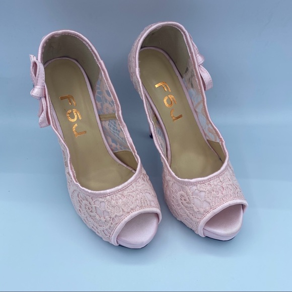 Pink Lace heels Peep Toe Rhinestone Platform Shoes - Picture 6 of 12